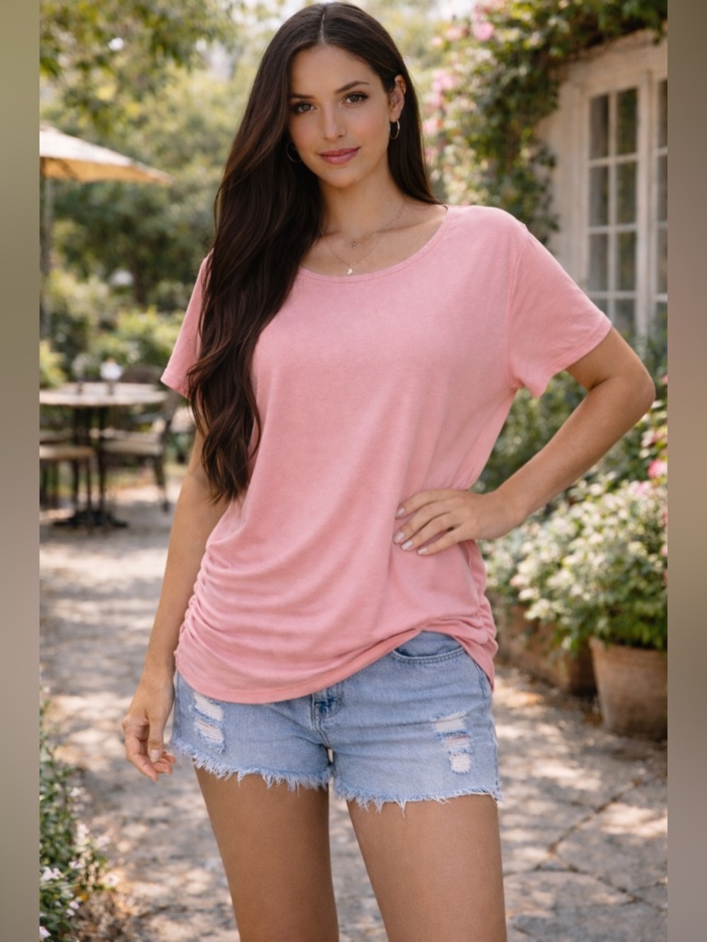 NWT Pink Ruched Side Top XL‎ Soft Stretch Short Sleeve Tee